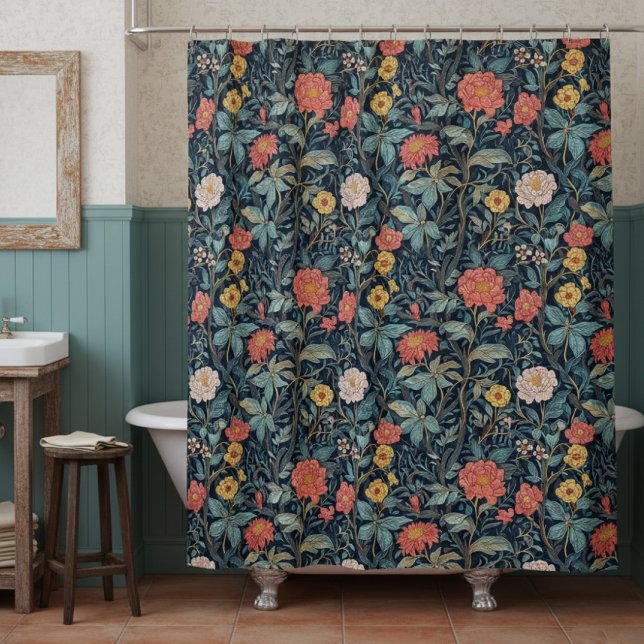 William Morris Blue Teal Arts & Crafts Floral Shower Curtain (Creator Uploaded)