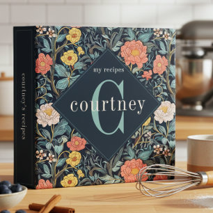 William Morris Blue Teal Floral Monogram Recipe 3 Ring Binder
