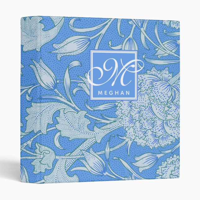 William Morris - Blue Wild Tulips & Monogram 3 Ring Binder (Front/Spine)