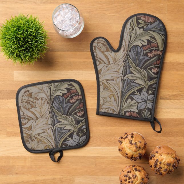 William Morris Bluebell Tapestry Design Oven Mitt & Pot Holder Set (Top Down)