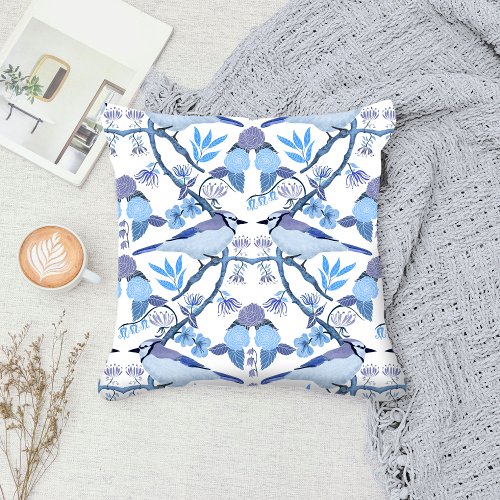 William Morris Bluejay Inspired Botanical Peri  Throw Pillow