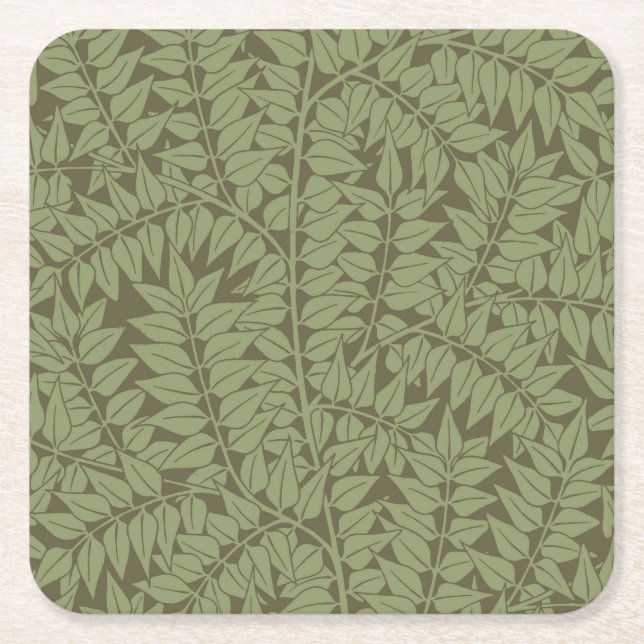 William Morris Branch Leaves Wallpaper Square Paper Coaster (Front)