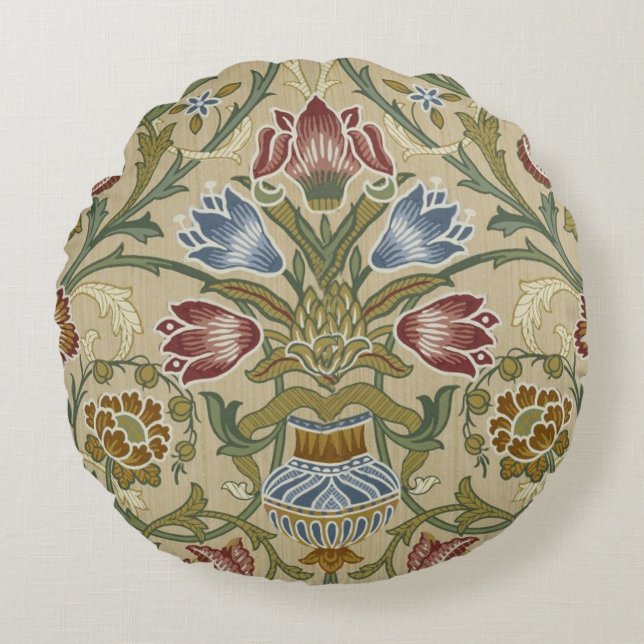 William Morris Brocade Floral Wallpaper Pattern Round Pillow (Front)
