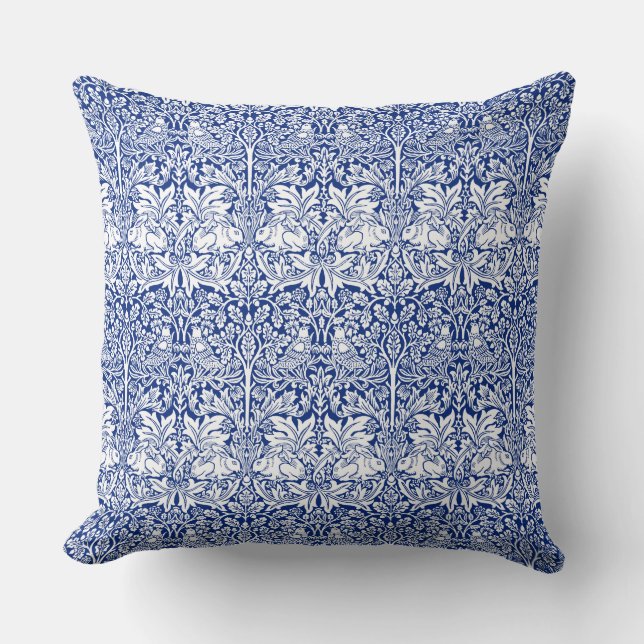 William Morris Brother Rabbit Blue Textile Pattern Throw Pillow (Front)