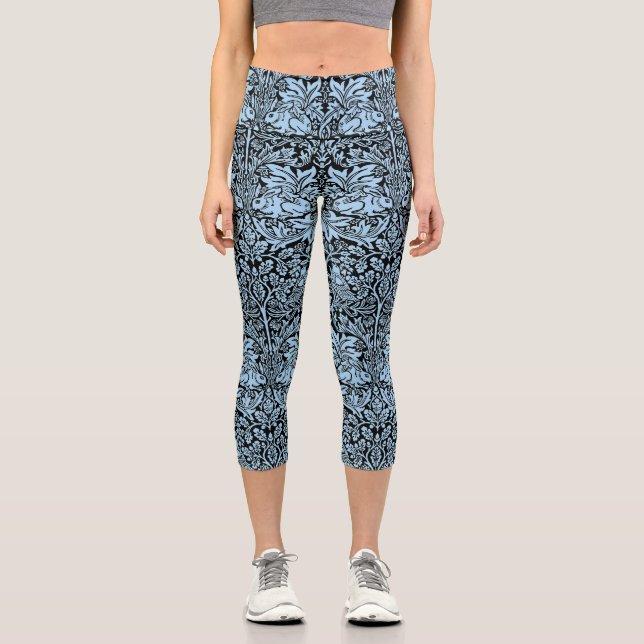 William Morris Brother Rabbit Light Blue Black Capri Leggings (Front)
