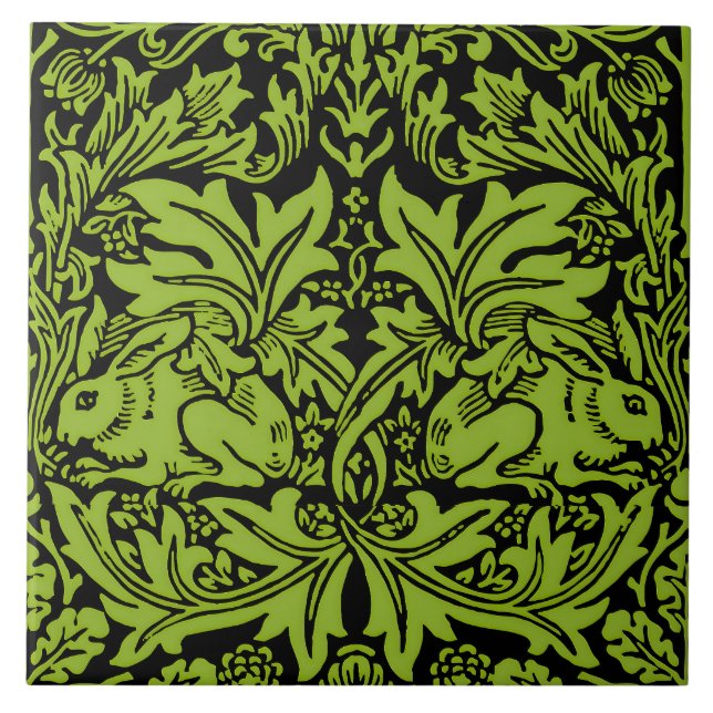 William Morris Brother Rabbit Sage Green Black Ceramic Tile (Front)