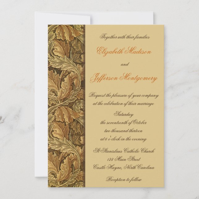 William Morris Brown Leaves Wedding Invitation (Front)