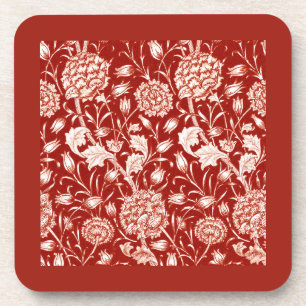 William Morris Carnation Print, Deep Red and White Beverage Coaster