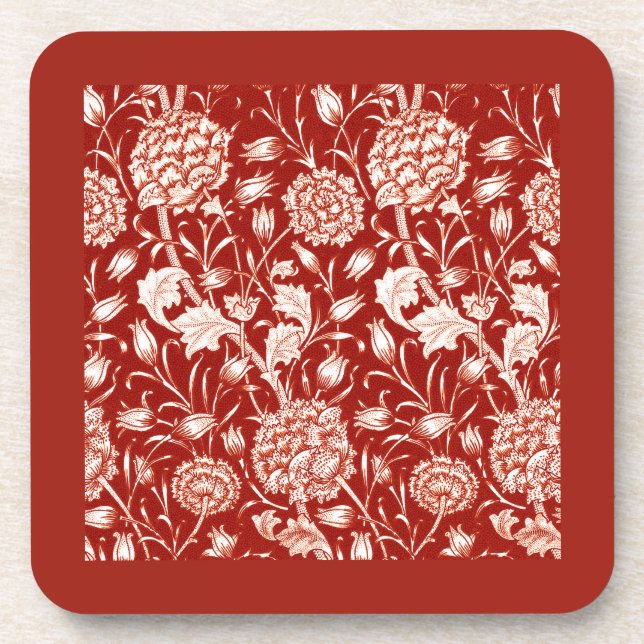 William Morris Carnation Print, Deep Red and White Beverage Coaster (Front)