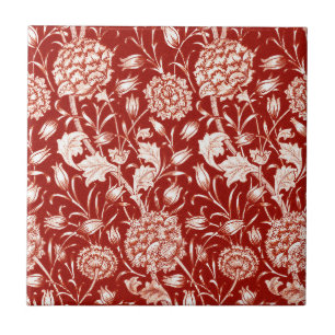 William Morris Carnation Print, Deep Red and White Ceramic Tile