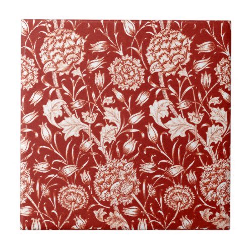 William Morris Carnation Print Deep Red and White Ceramic Tile