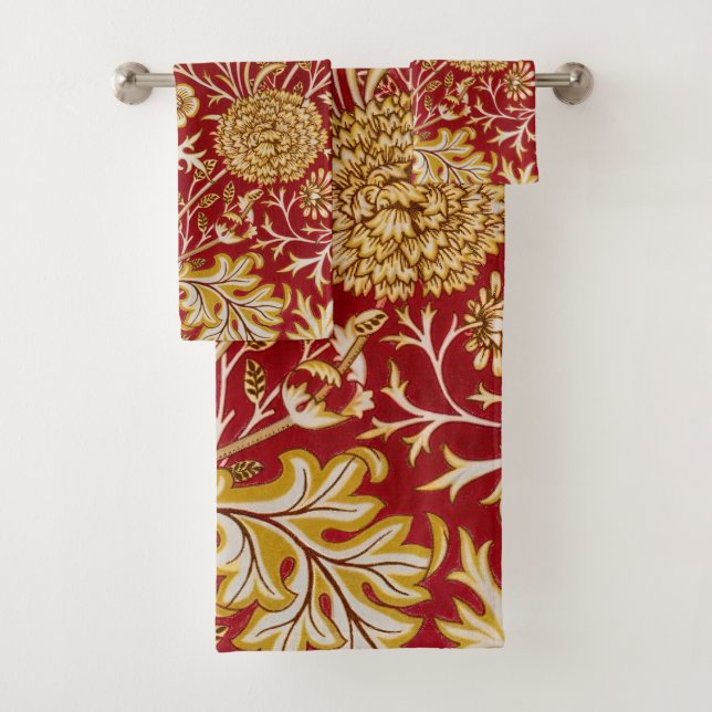 William Morris Cherwell Floral Pattern Red Bath Towel Set (Insitu)