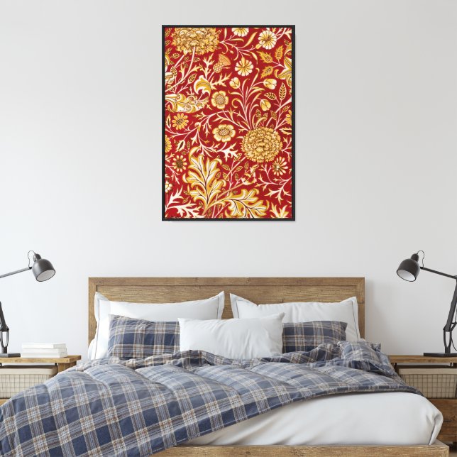 William Morris Cherwell Floral Pattern Red Canvas Print (Insitu(Bedroom))
