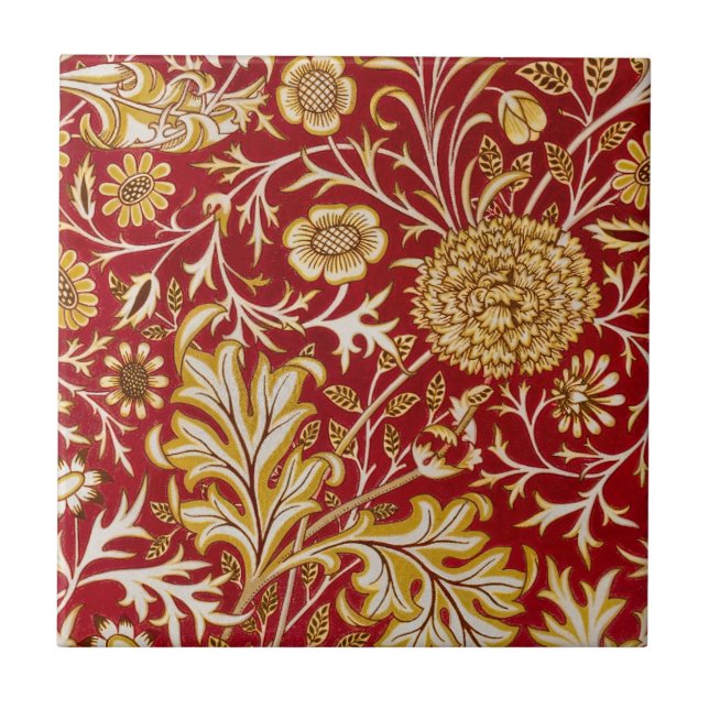 William Morris Cherwell Floral Pattern Red Ceramic Tile (Front)
