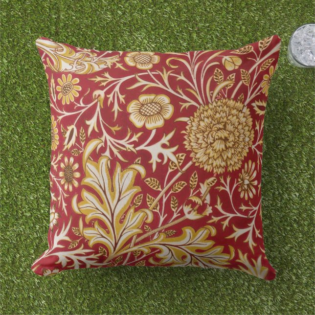 William Morris Cherwell Floral Pattern Red Outdoor Pillow (Grass)