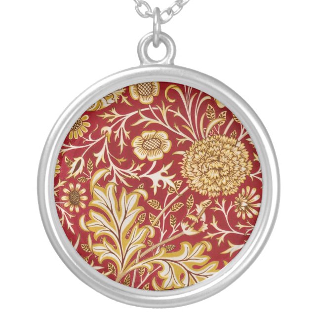 William Morris Cherwell Floral Pattern Red Silver Plated Necklace (Front)