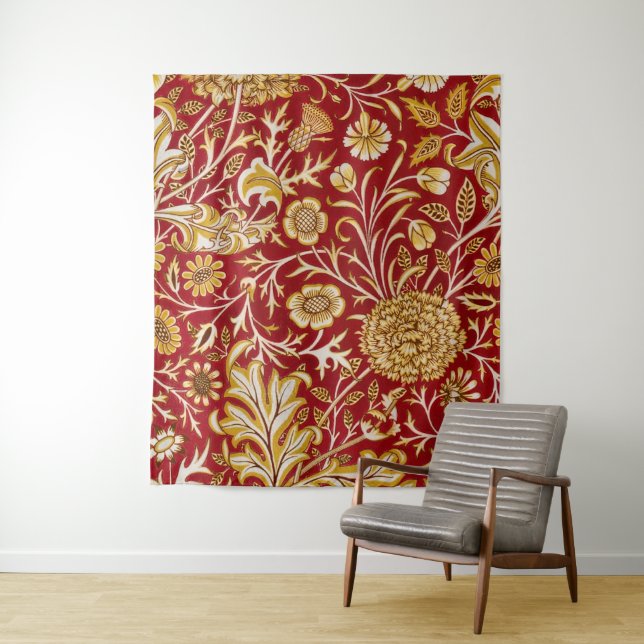 William Morris Cherwell Floral Pattern Red Tapestry (In Situ)