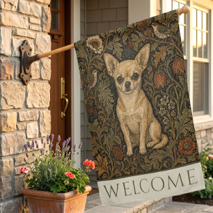 William Morris Chihuahua Vintage Floral Welcome House Flag