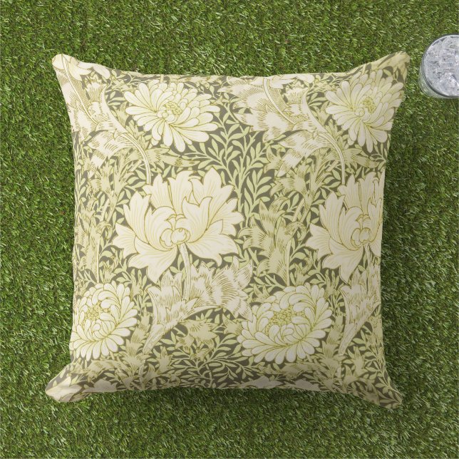 William Morris Chrysanthemum Floral Pattern Outdoor Pillow (Grass)