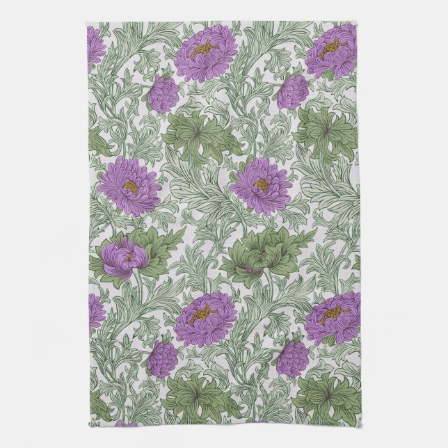 William Morris Chrysanthemum Floral Purple Green Kitchen Towel (Vertical)