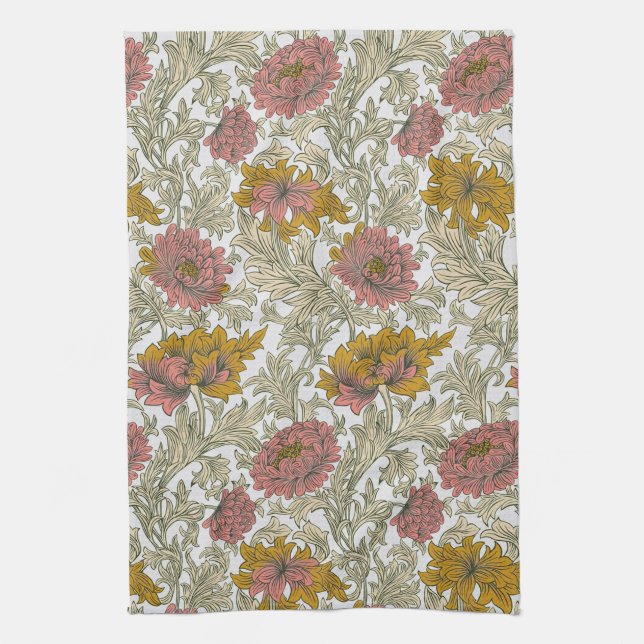 William Morris Chrysanthemum Floral Red Golden Kitchen Towel (Vertical)