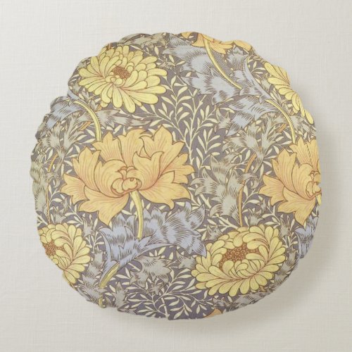 William Morris Chrysanthemum Mum Flowers Round Pillow