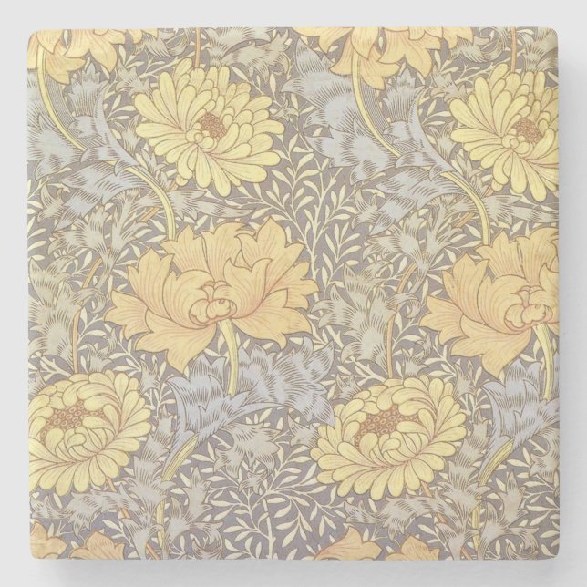 William Morris Chrysanthemum Mum Flowers Stone Coaster (Front)