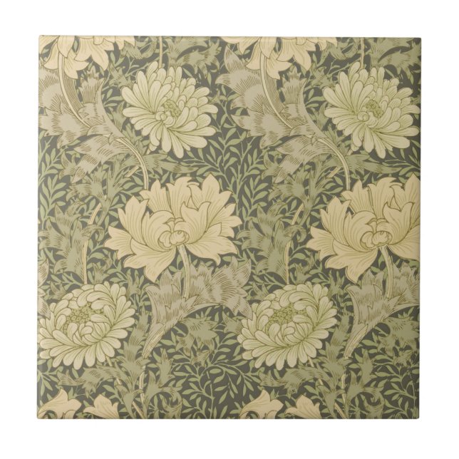 William Morris Chrysanthemum Sage Flower Ceramic Tile (Front)