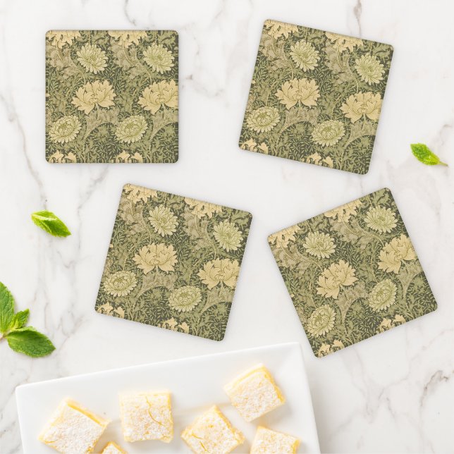 William Morris Chrysanthemum Sage Flower Coaster Set (In Situ)
