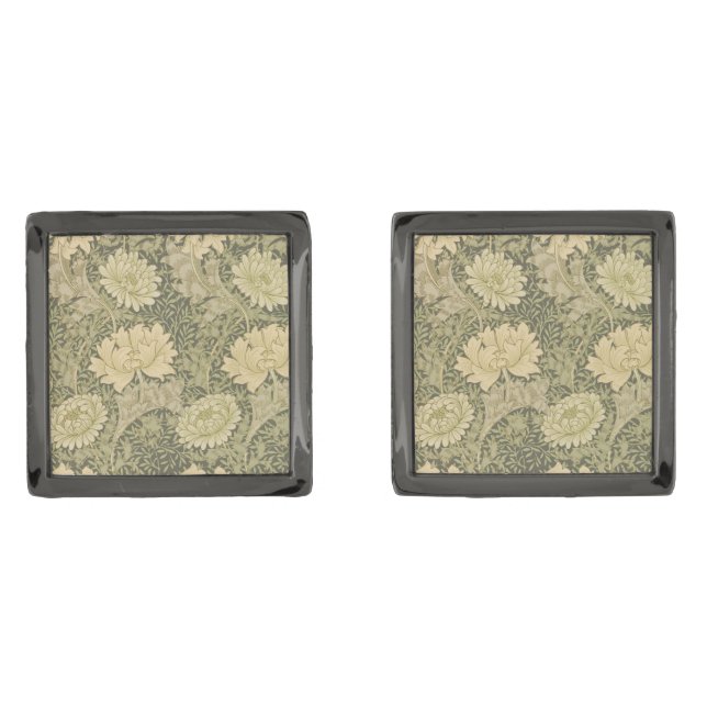 William Morris Chrysanthemum Sage Flower Cufflinks (Front)