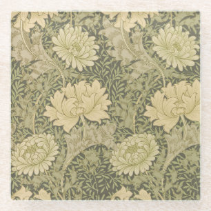 William Morris Chrysanthemum Sage Flower Glass Coaster