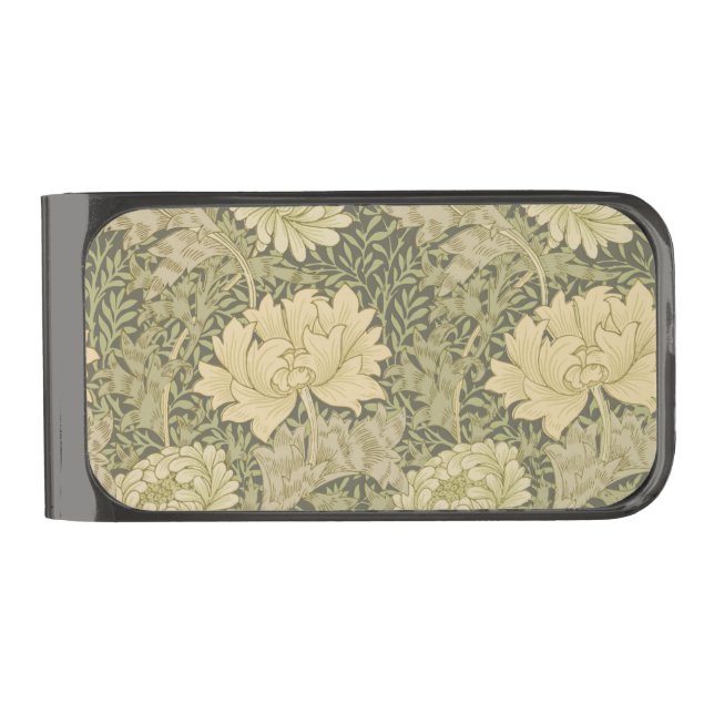 William Morris Chrysanthemum Sage Flower Gunmetal Finish Money Clip (Front)