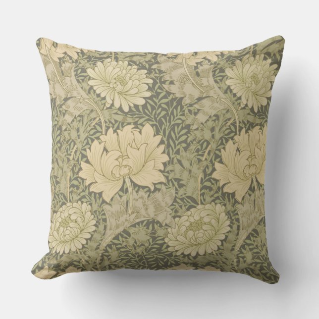 William Morris Chrysanthemum Sage Flower Outdoor Pillow (Front)