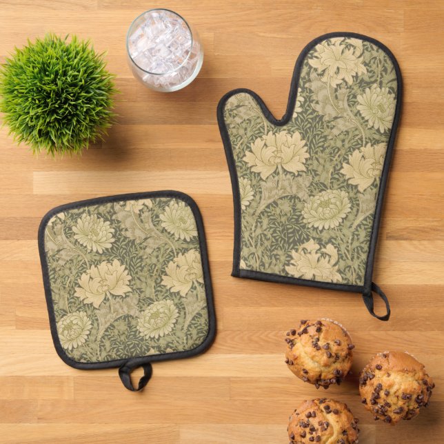 William Morris Chrysanthemum Sage Flower Oven Mitt & Pot Holder Set (Top Down)