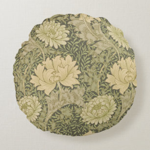 William Morris Chrysanthemum Sage Flower Round Pillow