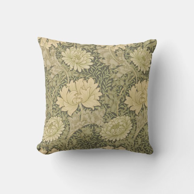 William Morris Chrysanthemum Sage Flower Throw Pillow (Front)