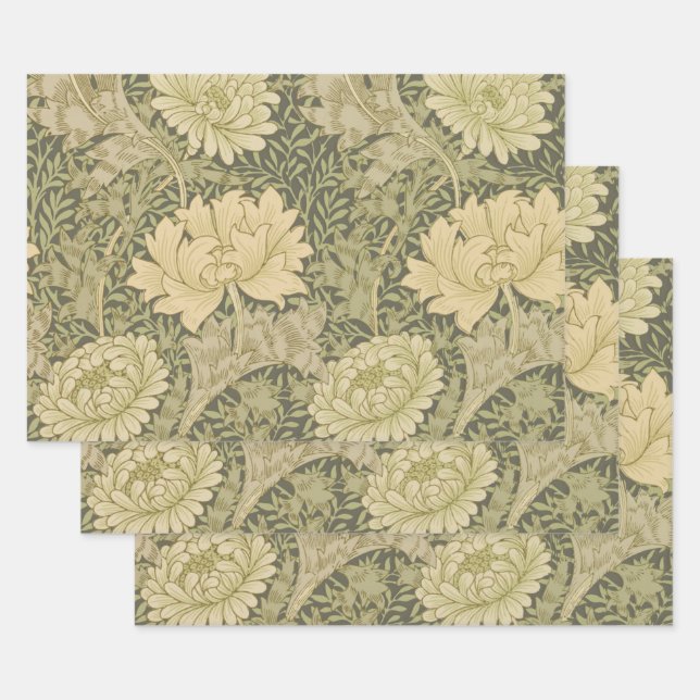 William Morris Chrysanthemum Sage Flower Wrapping Paper Sheets (Set)