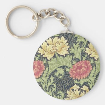 William Morris Chrysanthemum Vintage Floral Art Keychain by artfoxx at Zazzle