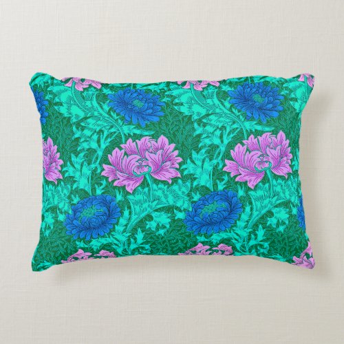 William Morris Chrysanthemums Aqua and Violet Accent Pillow