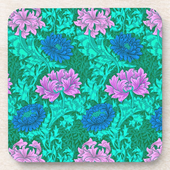 William Morris Chrysanthemums, Aqua and Violet  Beverage Coaster (Front)