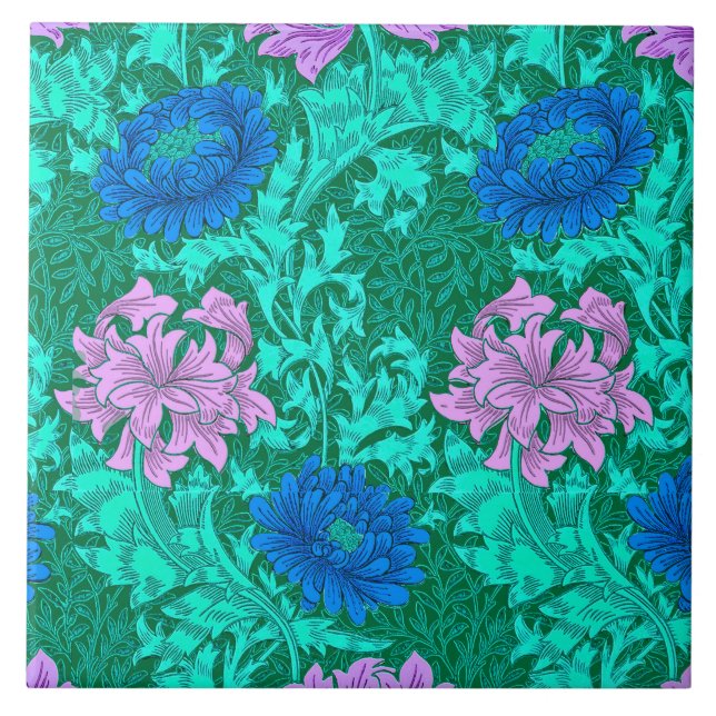 William Morris Chrysanthemums, Aqua and Violet Ceramic Tile (Front)