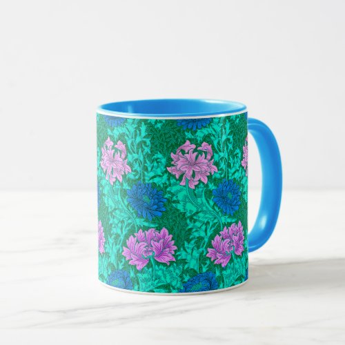 William Morris Chrysanthemums Aqua and Violet  Mug