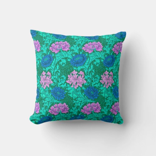 William Morris Chrysanthemums Aqua and Violet  Throw Pillow