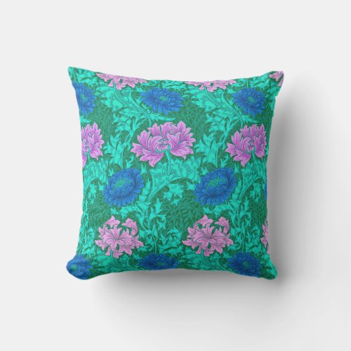 William Morris Chrysanthemums Aqua and Violet Throw Pillow