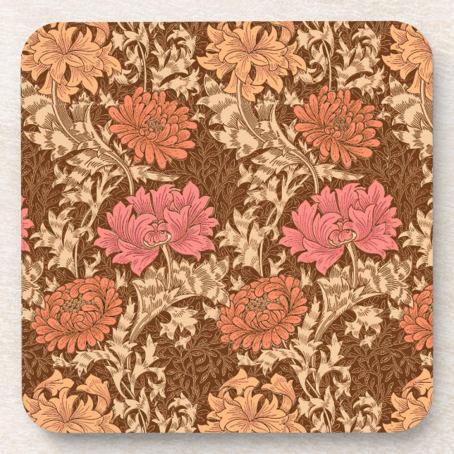 William Morris Chrysanthemums, Brown and Rust Beverage Coaster (Front)
