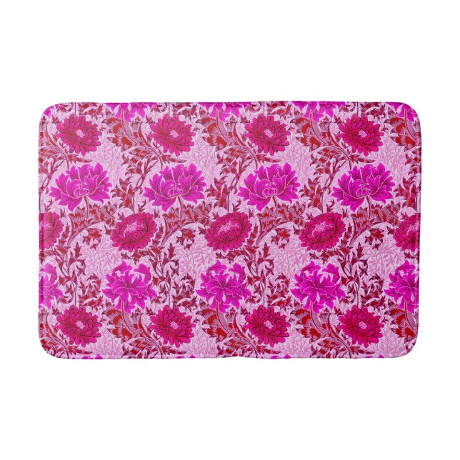 William Morris Chrysanthemums, Burgundy and Pink Bath Mat (Front)