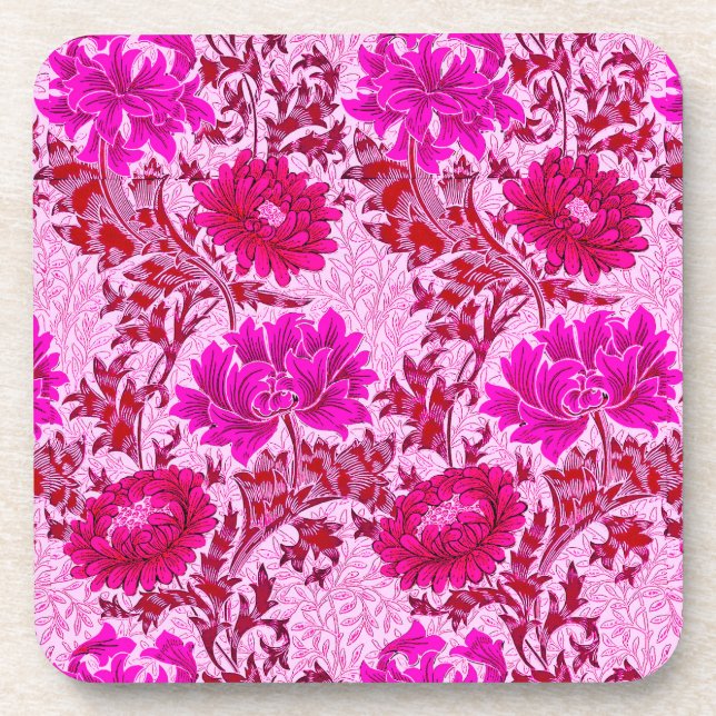 William Morris Chrysanthemums, Burgundy and Pink Beverage Coaster (Front)