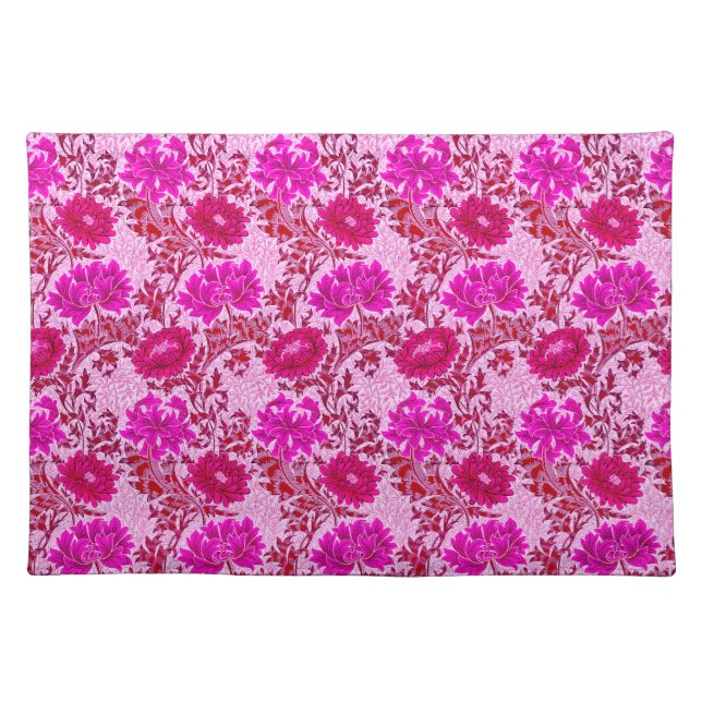 William Morris Chrysanthemums, Burgundy and Pink Cloth Placemat (Front)