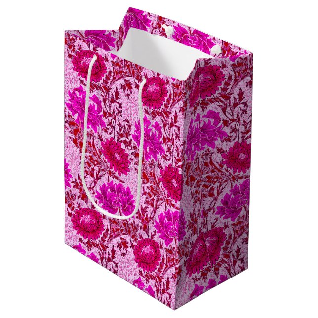 William Morris Chrysanthemums, Burgundy and Pink Medium Gift Bag (Front Angled)
