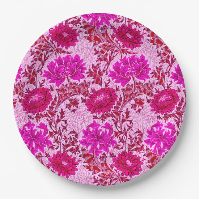 William Morris Chrysanthemums Burgundy and Pink Paper Plates (Front)